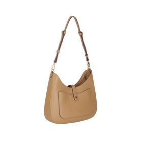 Strathberry caramel grain calf leather shoulder bag with gold hardware, front pocket, and adjustable tan strap