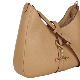 Strathberry caramel grain calf leather shoulder bag with gold-tone hardware, snaffle bar detail, and adjustable strap