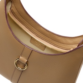 Strathberry caramel grain calf leather shoulder bag, open top view showing gold zip, D-ring detail and cream interior lining.