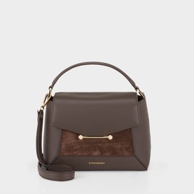 Strathberry Dark Chocolate top handle bag, grained leather and suede panel, gold-tone bar hardware, detachable crossbody strap