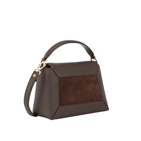 Strathberry Dark Chocolate top handle bag, grained leather with suede panel, structured silhouette, gold-tone hardware, detachable shoulder strap