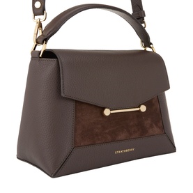Strathberry Dark Chocolate top handle bag, grained leather and suede panel, gold-tone bar clasp and hardware, adjustable shoulder strap