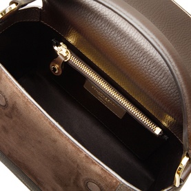 Strathberry Dark Chocolate grained leather top handle bag, interior view showing suede lining, zip pocket and gold-tone hardware detail.
