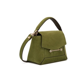 Strathberry Mosaic Nano Top Handle Bag in Lime/Khaki suede, gold-tone hardware, Music Bar embellishment, short top handle and detachable crossbody