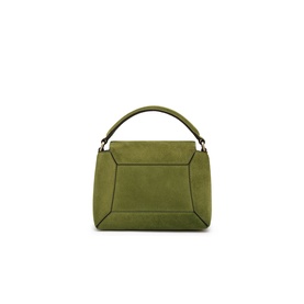 Strathberry Mosaic Nano Top Handle Bag in Lime/Khaki suede, rear view, with curved top handle and silver-tone hardware.