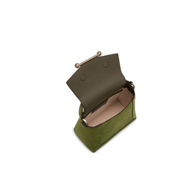 Strathberry Mosaic Nano Top Handle Bag in Lime/Khaki suede, open flap view showing pink interior, gold-tone hardware, dual magnetic closure