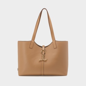 Strathberry Kite Leather Tote Bag in caramel grained calf leather, double shoulder straps, gold-tone Music Bar hardware and tab fastening