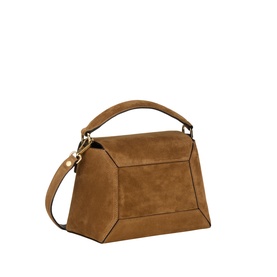 Strathberry Mosaic Top Handle Bag in Toffee suede with gold-tone hardware, top carry handle, and detachable crossbody strap