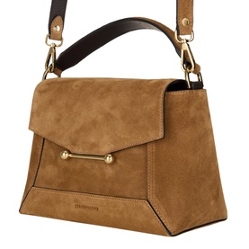 Strathberry Mosaic Top Handle Bag in toffee suede with espresso trim, gold-tone Music Bar hardware, flap closure and detachable crossbody strap