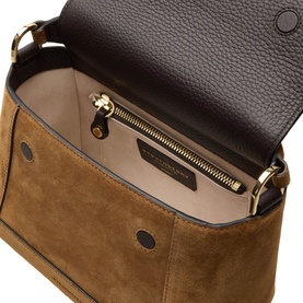 Strathberry Mosaic Top Handle Bag in Toffee/Espresso suede, open top view showing blush interior, zip pocket and gold-tone hardware details