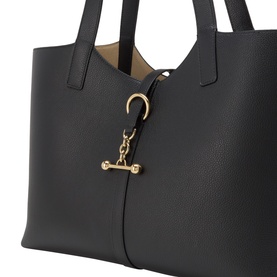Strathberry Kite Leather Tote Bag in black grained calf leather, gold-tone Music Bar hardware charm, double shoulder straps visible