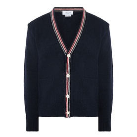 Thom Browne navy wool-mohair cardigan with V-neck, red and white striped trim, button fastening, and patch pockets.