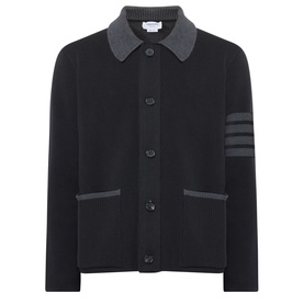 Thom Browne black wool casual jacket with grey collar, signature 4-bar sleeve stripe and front patch pockets
