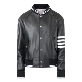 Thom Browne 4-Bar Leather Bomber Jacket in black with white ribbed stripe trims, snap buttons, and 4-bar appliqu&eacute; on sleeve