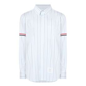 Thom Browne medium grey cotton striped casual shirt with red, white and navy grosgrain armband detail and button-down collar