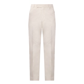 Thom Browne Tapered Pressed-Crease Chinos in beige cotton with pressed crease detail, belt loops, and concealed front fastening