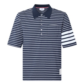 Thom Browne navy and white striped cotton polo shirt with signature four-bar white stripe on left sleeve and button placket