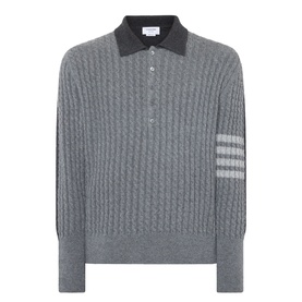 Thom Browne Tonal Grey cable-knit wool polo with dark contrast collar and signature white 4-bar stripe on sleeve