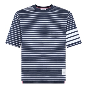 Thom Browne navy and white striped cotton T-shirt with signature 4-Bar white panel detail on left sleeve and crew neck