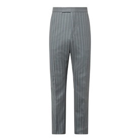 Thom Browne Back Strap Pinstripe Trousers in medium grey wool, slim-leg with covered waistband and white pinstripe pattern