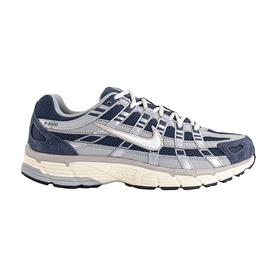 Nike P-6000 trainer in Thunder Blue and Sail, featuring mesh and suede upper, chunky off-white midsole with navy overlays