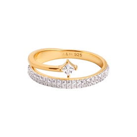 Astrid & Miyu ring in 18ct gold with pav&eacute; white crystal band and princess-cut centre stone, open adjustable design