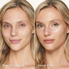 Before and after split showing Charlotte Tilbury Unreal Highlighter Stick in Glazed Goddess, with visible glow and luminosity on the right