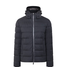 Herno Ferro casual jacket in dark grey wool blend, quilted puffer style with detachable hood and silver zip fastening