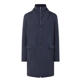 Herno blu navy men's down coat with buttoned front, layered funnel neck insert and flap pockets