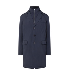 Herno blu navy men's down coat with buttoned front, layered funnel neck insert and flap pockets