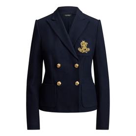 Lauren navy double-breasted blazer with gold crest embroidery and gold buttons, structured fit