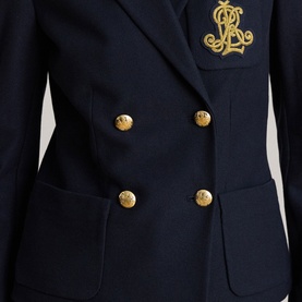 Lauren navy double-breasted blazer, gold RL monogram crest and gold anchor buttons, close-up detail shot
