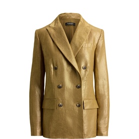 Lauren blazer in Brown/Gold Foil, double-breasted with dark tortoiseshell buttons and notched lapels