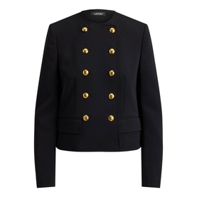 Lauren black double-breasted blazer with gold buttons, collarless neckline and front welt pockets