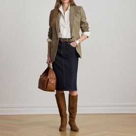 Model wearing Lauren Black/Tan Multi blazer with white shirt, denim pencil skirt, brown leather belt and tan knee-high boots, carrying brown bag