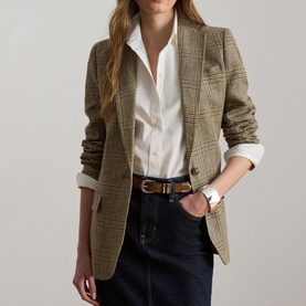 Model wearing Lauren Black/Tan Multi check blazer, styled with white shirt, navy denim skirt and brown leather belt