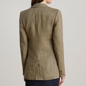 Model wearing Lauren Black/Tan Multi plaid blazer, rear view showing tailored fit and two-button cuffs.