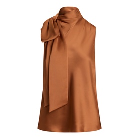 Lauren Red Terracotta satin sleeveless blouse with high neck bow tie detail, relaxed fit