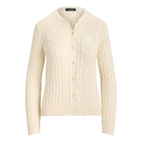Lauren cable-knit cardigan in Mascarpone Cream with gold monogram detail and button-through front