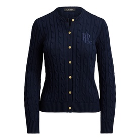 Lauren navy cable-knit cardigan with gold buttons and embroidered monogram crest, crew neckline, long sleeves