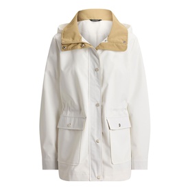 Lauren Mascarpone Cream utility jacket with contrasting tan collar, zip and snap button front, drawstring waist, and front flap pockets