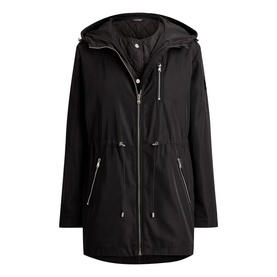 Lauren black hooded parka coat with zip fastening, drawstring waist, and silver-tone hardware, shown flat