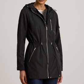 Model wearing Lauren black hooded parka coat with zip fastening, drawstring waist and silver-tone hardware, styled with striped top
