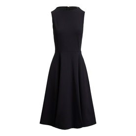 Lauren black sleeveless midi dress with boat neckline, fitted bodice and full A-line skirt, displayed flat on white background