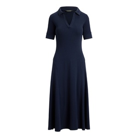 Lauren navy knit midi dress with short sleeves, open polo collar, and A-line skirt, displayed flat on white background