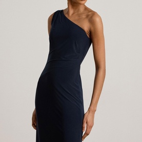 Model wearing Lauren navy one-shoulder bodycon dress with ruched waist detail
