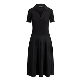 Lauren black knit dress with V-neck polo collar, short sleeves, and pleated A-line skirt