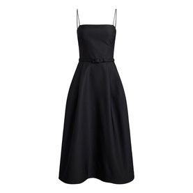 Lauren black midi dress with thin straps, square neckline, belted waist, and full A-line skirt