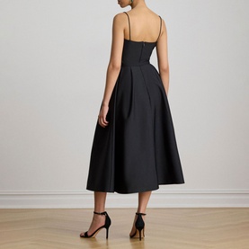Model wearing Lauren black midi dress with structured bodice and full skirt, styled with black strappy heels, back view