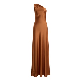 Lauren Red Terracotta satin one-shoulder maxi dress with draped neckline and flared hem